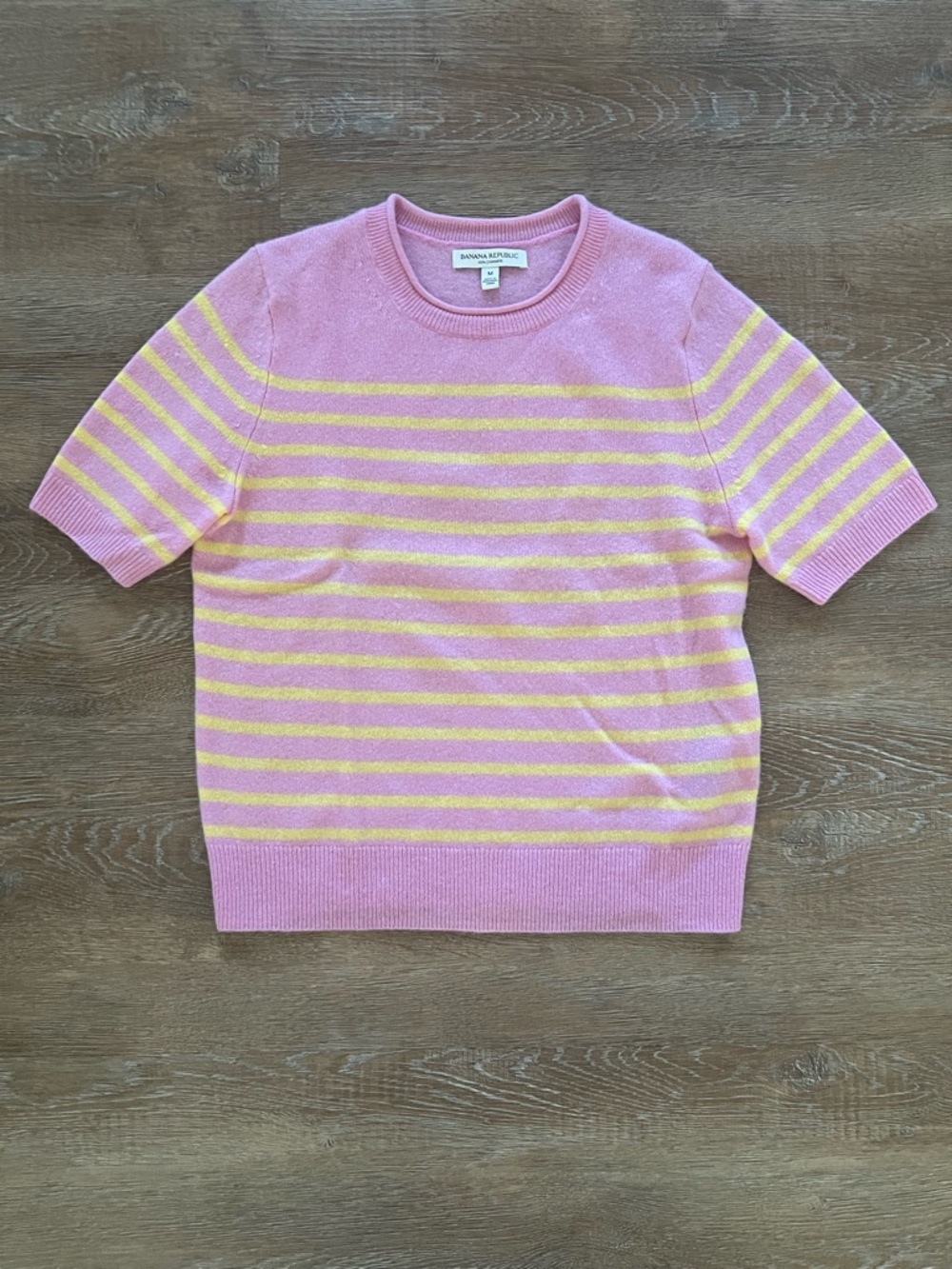 Banana Republic 100% Cashmere Sweater | Pink Yellow Stripe | Short Sleeve | M
